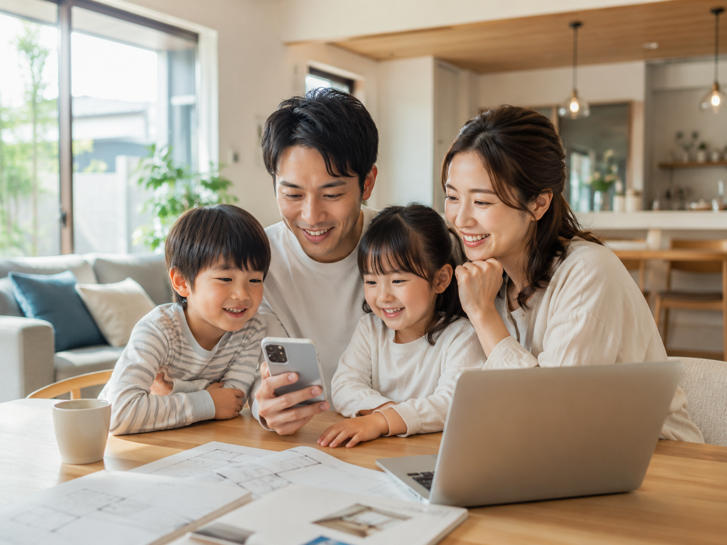 家族でスマートフォンを見ながら家づくりを考えている様子